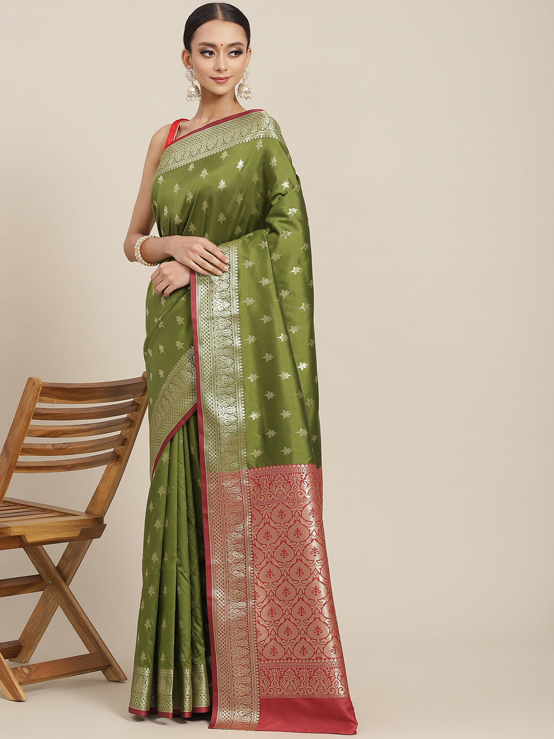 Olive Green Gold Zari Mysore Silk Bridal Handloom Woven Saree