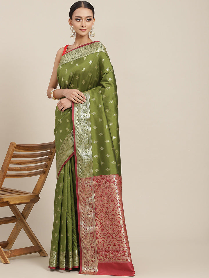 Olive Green Gold Zari Mysore Silk Bridal Handloom Woven Saree
