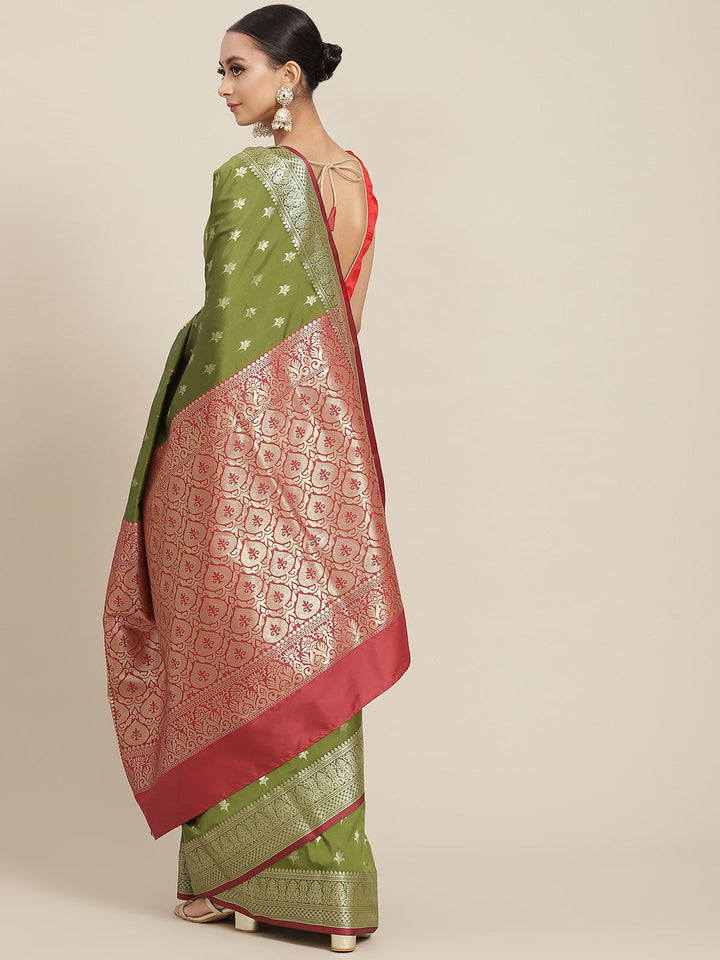 Olive Green Gold Zari Mysore Silk Bridal Handloom Woven Saree