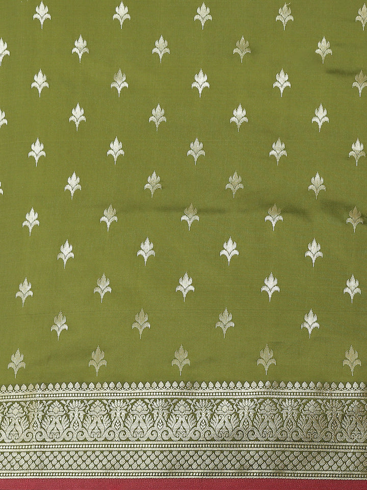 Olive Green Gold Zari Mysore Silk Bridal Handloom Woven Saree