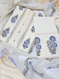 Chhabra 555 Chikankari Embroidery Unstitched Cotton Suit Dupatta Set with Block Print Floral Motifs 