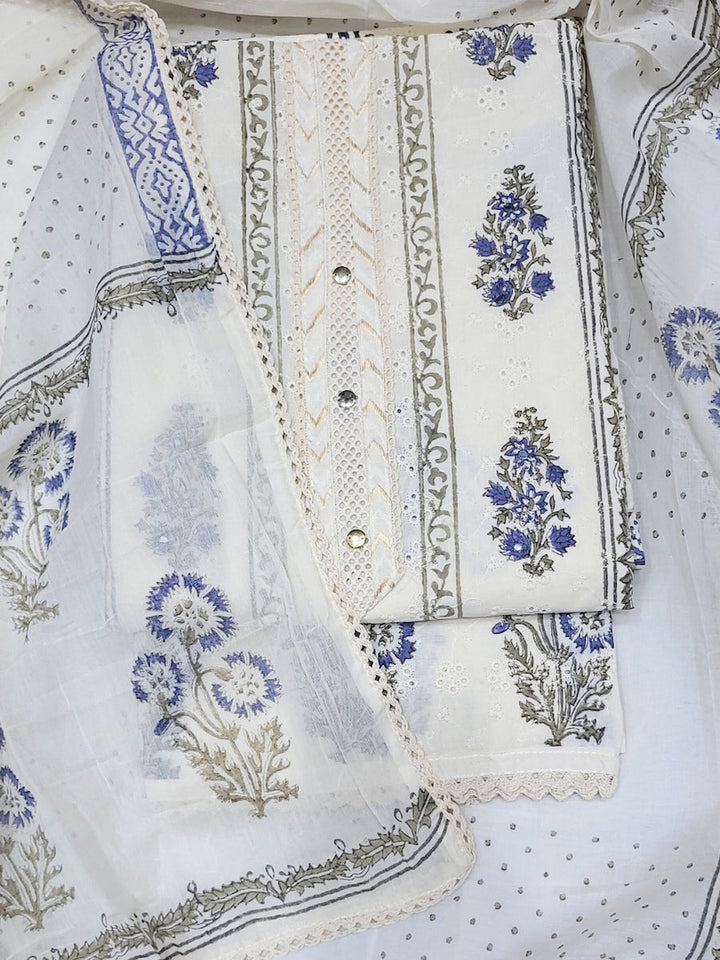 Chikankari Embroidery Unstitched Cotton Suit Dupatta Set with Block Print Floral Motifs
