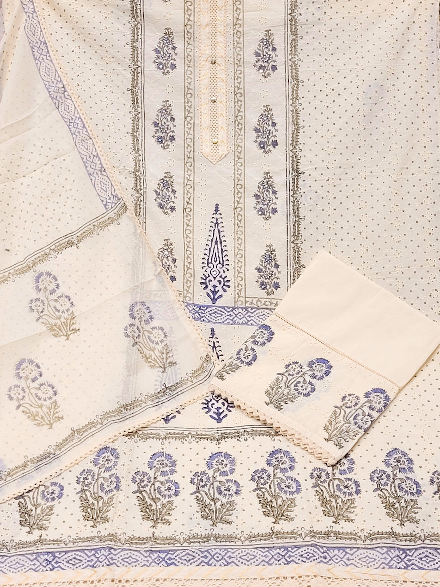 Chikankari Embroidery Unstitched Cotton Suit Dupatta Set with Block Print Floral Motifs