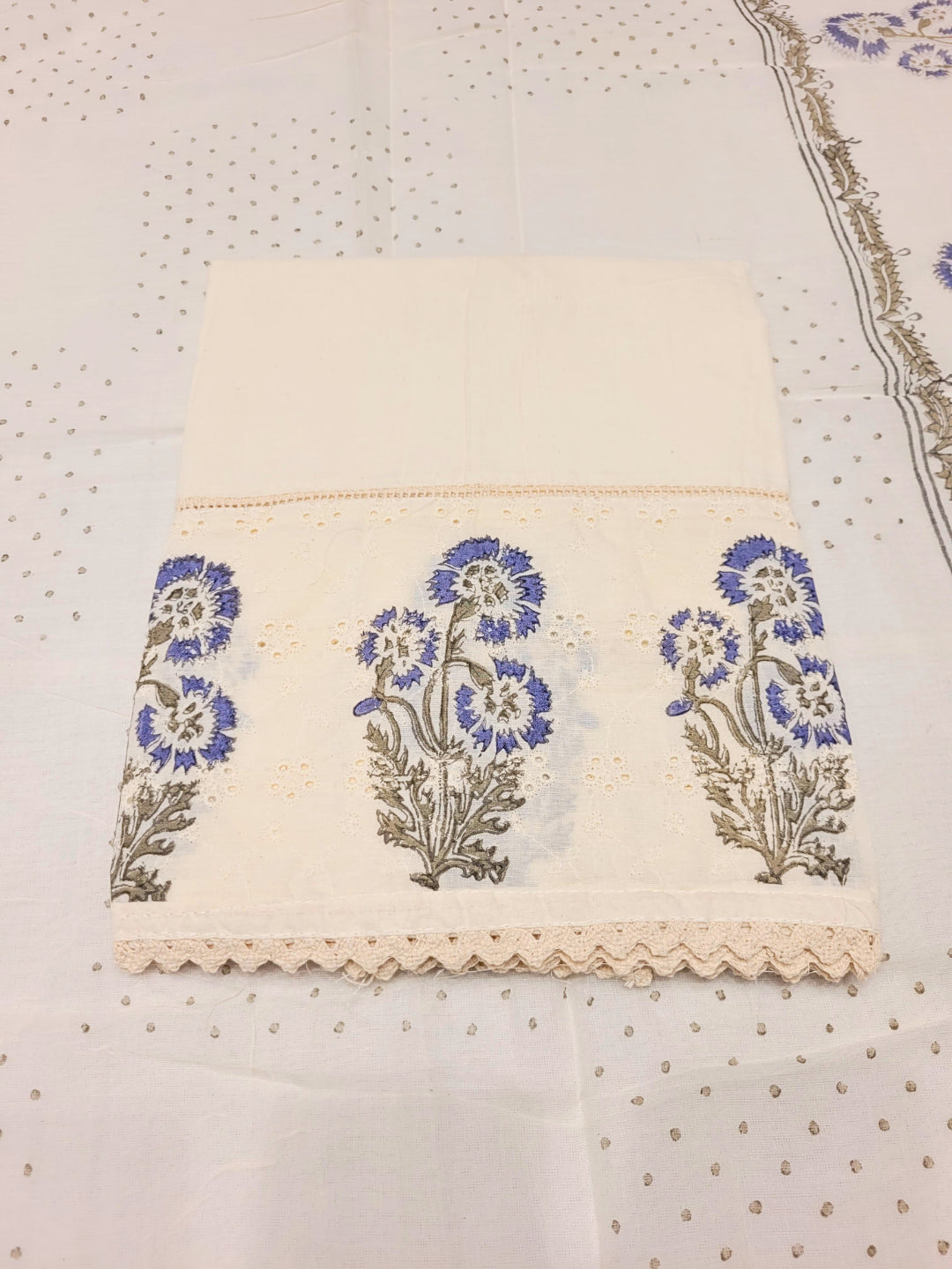 Chikankari Embroidery Unstitched Cotton Suit Dupatta Set with Block Print Floral Motifs