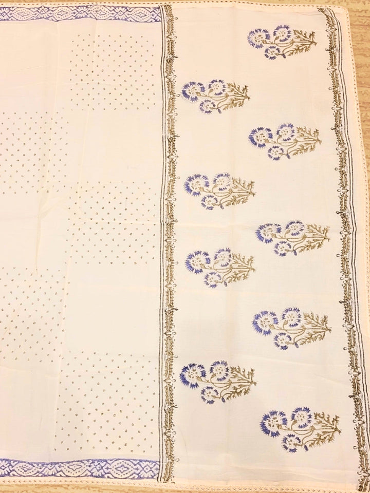 Chikankari Embroidery Unstitched Cotton Suit Dupatta Set with Block Print Floral Motifs