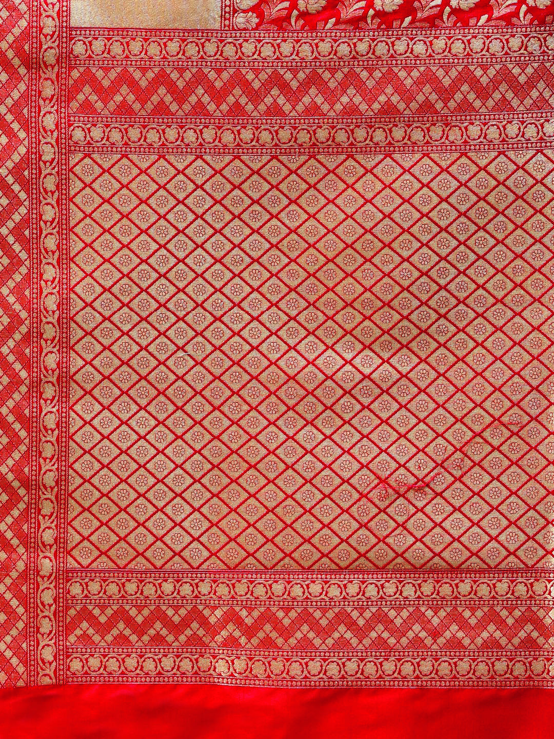 Red Banarasi Handloom Silk Saree with intricate zari woven floral motifs