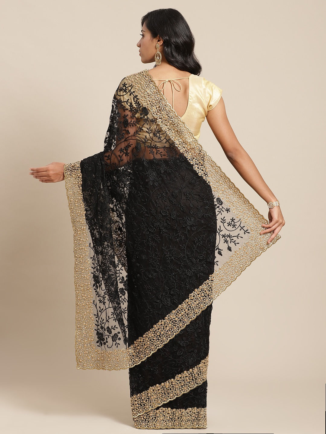 Black Net Resham Embroidered Saree Embellished With Pearls and Cut work Border