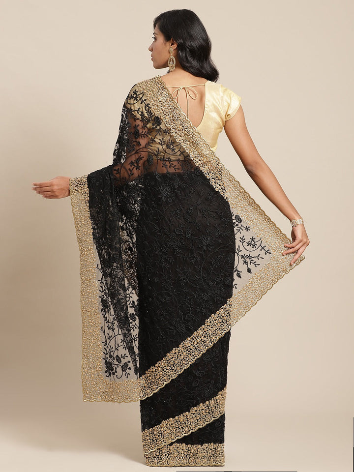 Black Net Resham Embroidered Saree Embellished With Pearls and Cut work Border