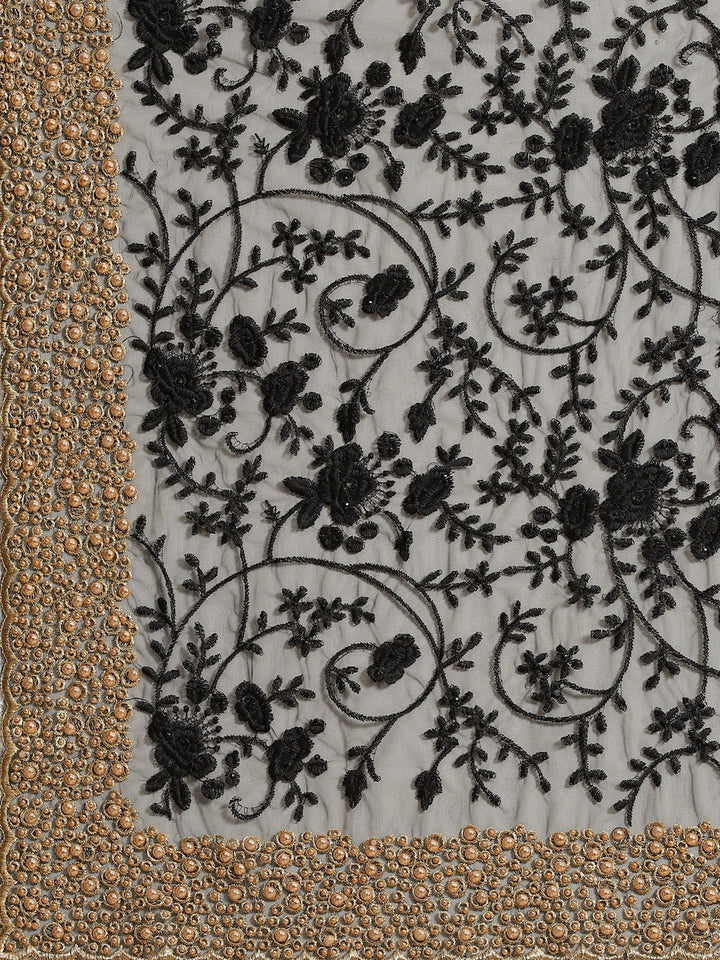 Black Net Resham Embroidered Saree Embellished With Pearls and Cut work Border