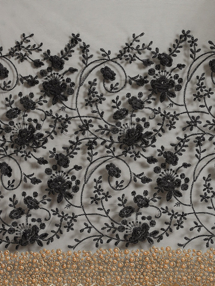 Black Net Resham Embroidered Saree Embellished With Pearls and Cut work Border