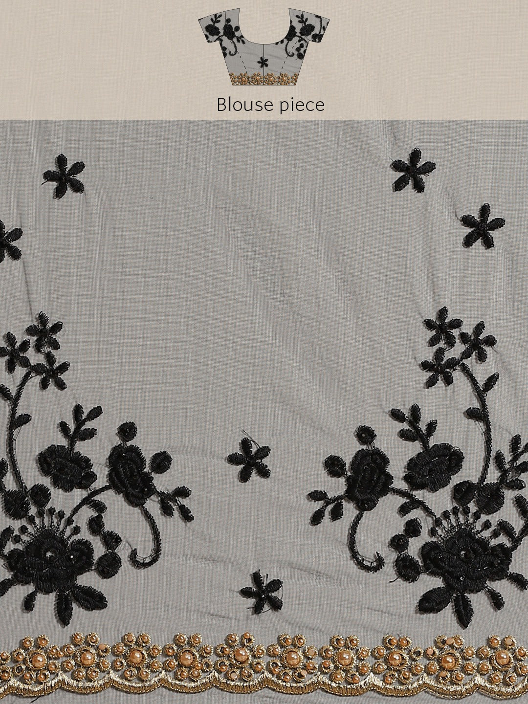 Black Net Resham Embroidered Saree Embellished With Pearls and Cut work Border