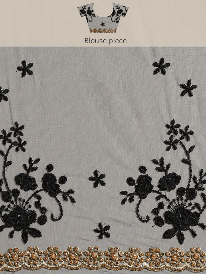 Black Net Resham Embroidered Saree Embellished With Pearls and Cut work Border