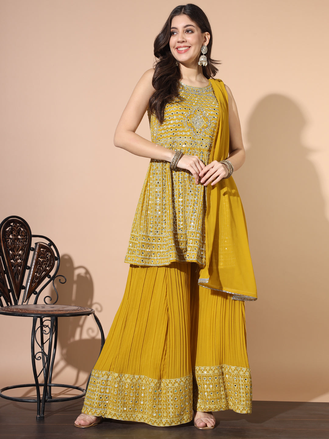 Mirror Embellished Kalidar Kurta Pleated Palazzo Set