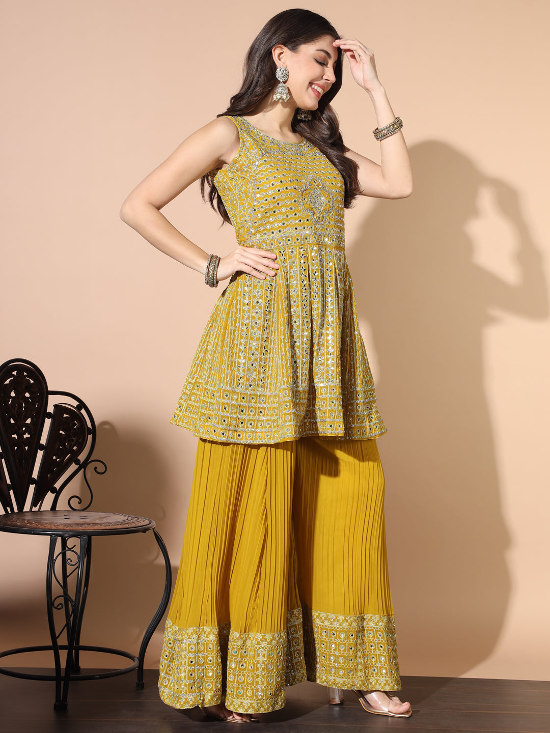Mirror Embellished Kalidar Kurta Pleated Palazzo Set