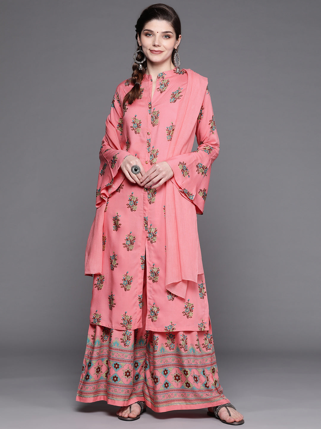 Floral Digital Print Front Slit Kurta Sharara Set with Bell Sleeves