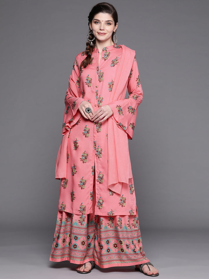 Floral Digital Print Front Slit Kurta Sharara Set with Bell Sleeves