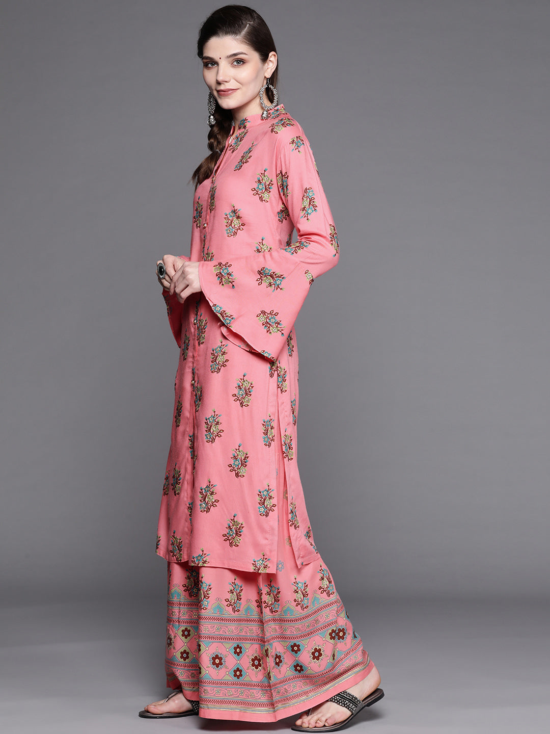 Floral Digital Print Front Slit Kurta Sharara Set with Bell Sleeves