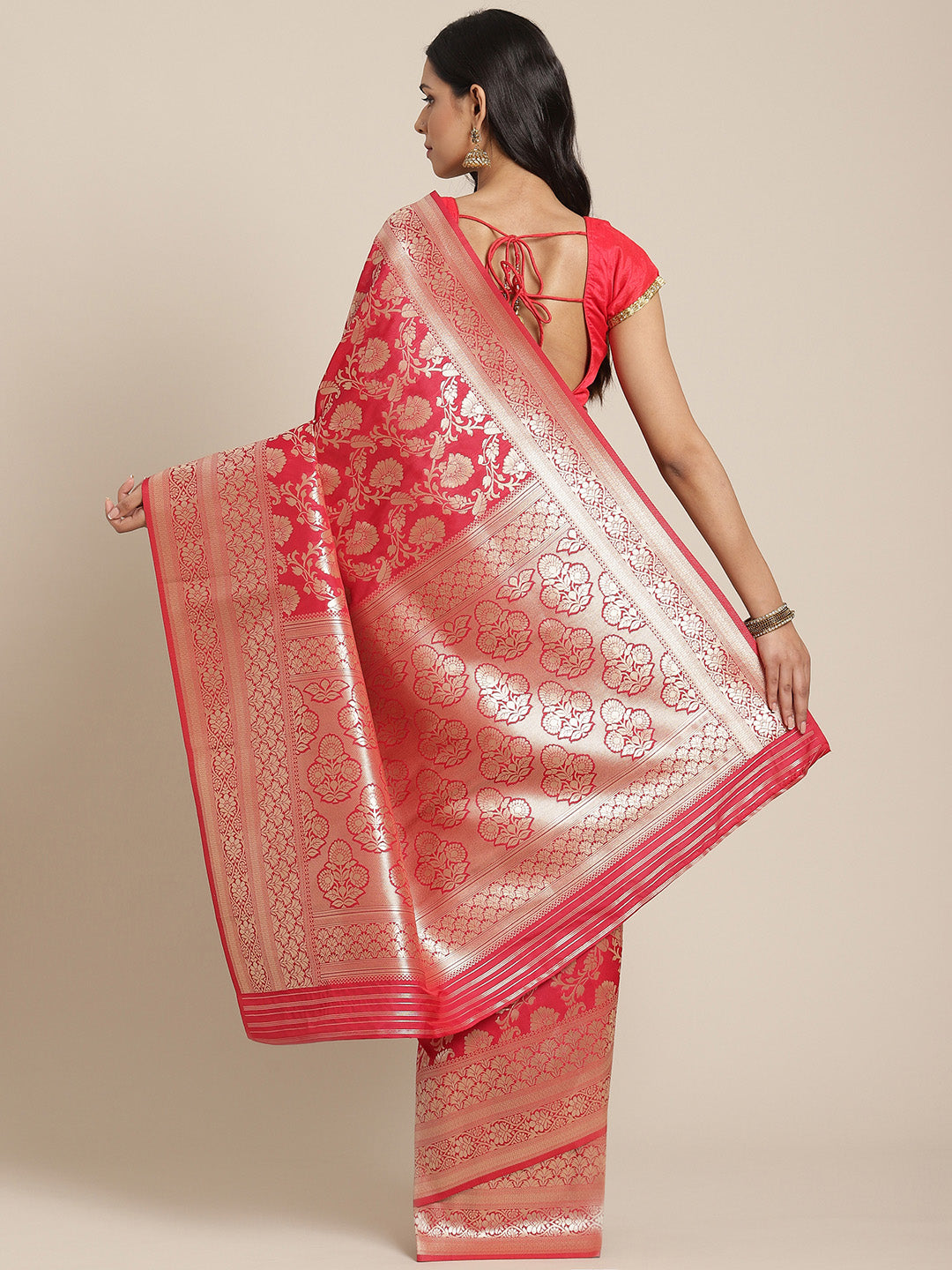 Banarasi Handloom Saree with Gold Zari Oxidised Floral Weaving and Heavy Rich Pallu