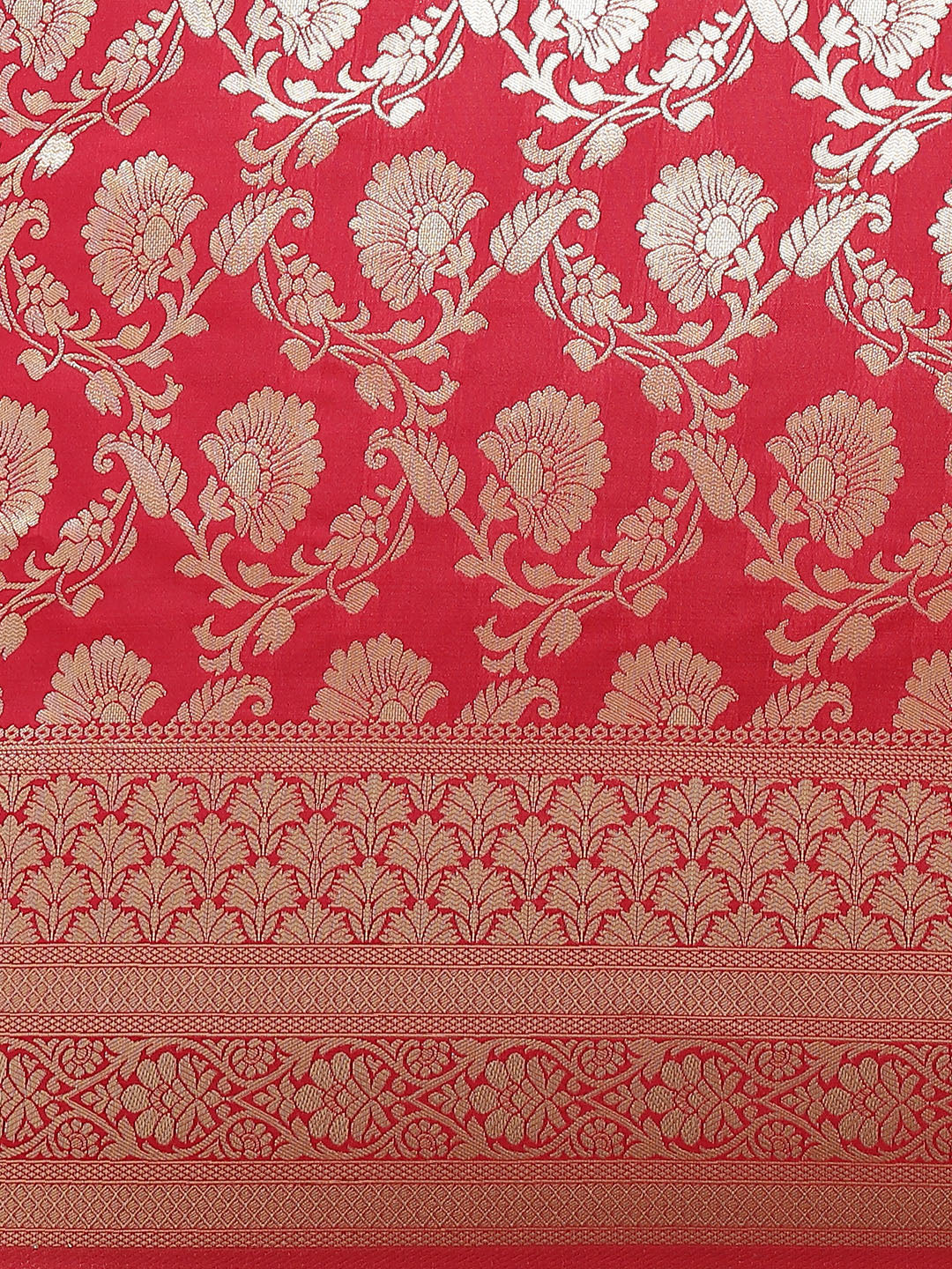 Banarasi Handloom Saree with Gold Zari Oxidised Floral Weaving and Heavy Rich Pallu