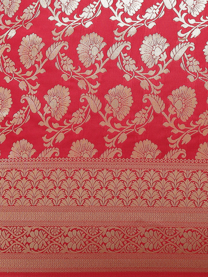Banarasi Handloom Saree with Gold Zari Oxidised Floral Weaving and Heavy Rich Pallu