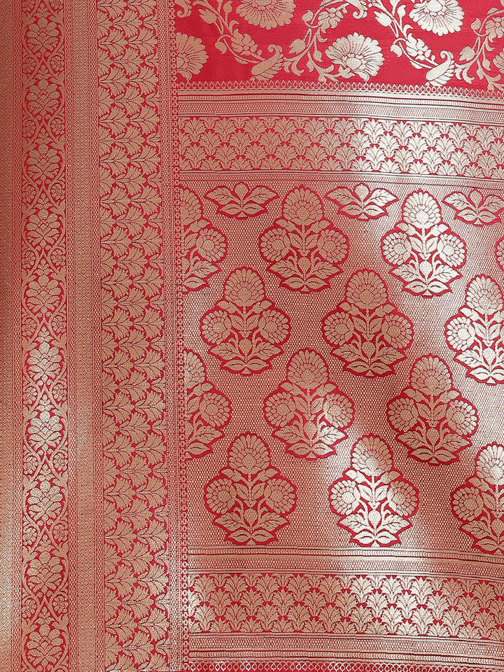 Banarasi Handloom Saree with Gold Zari Oxidised Floral Weaving and Heavy Rich Pallu