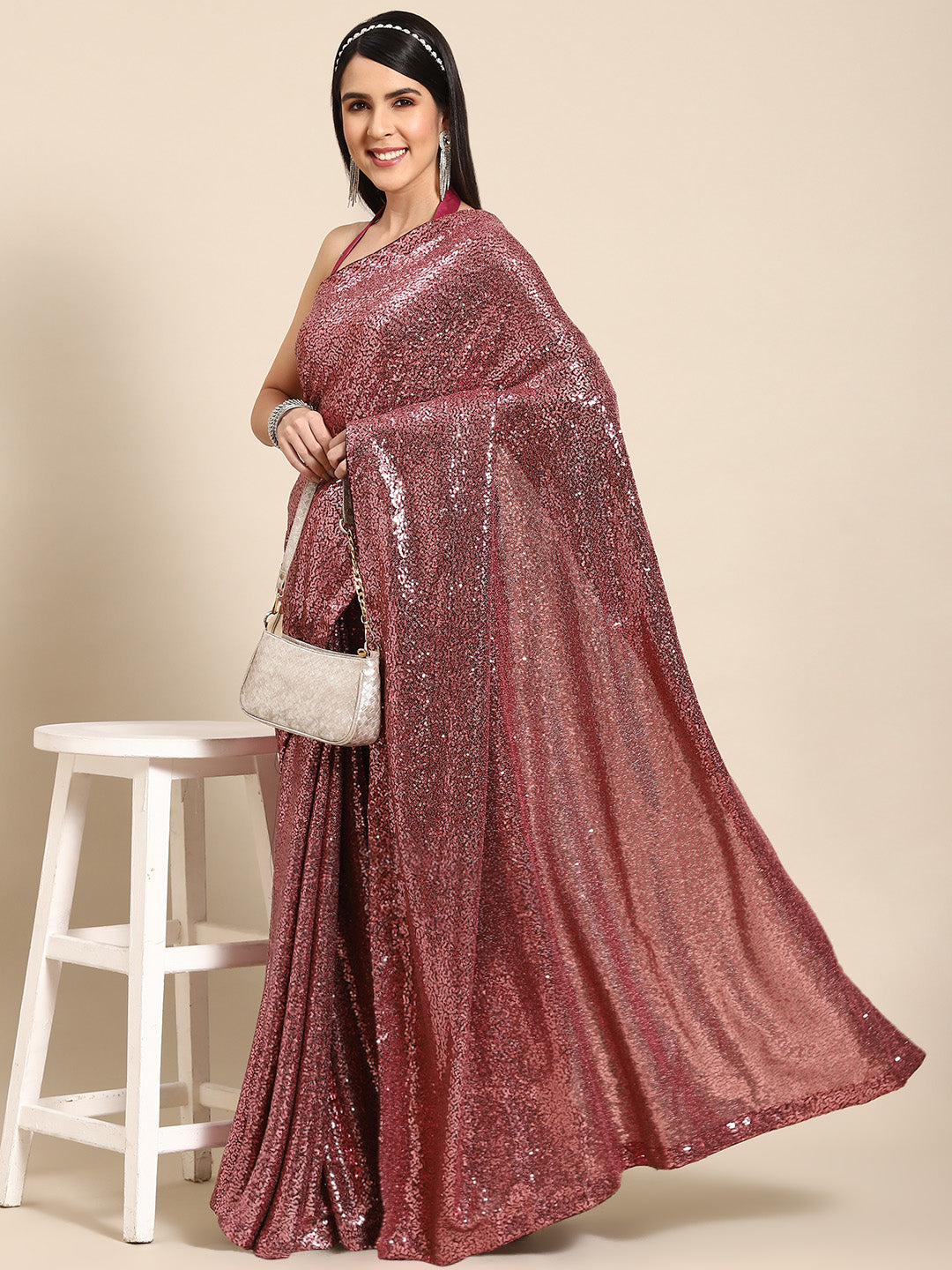 Metallic Pink Sequin Embellished Bling Lycra Cocktail Saree