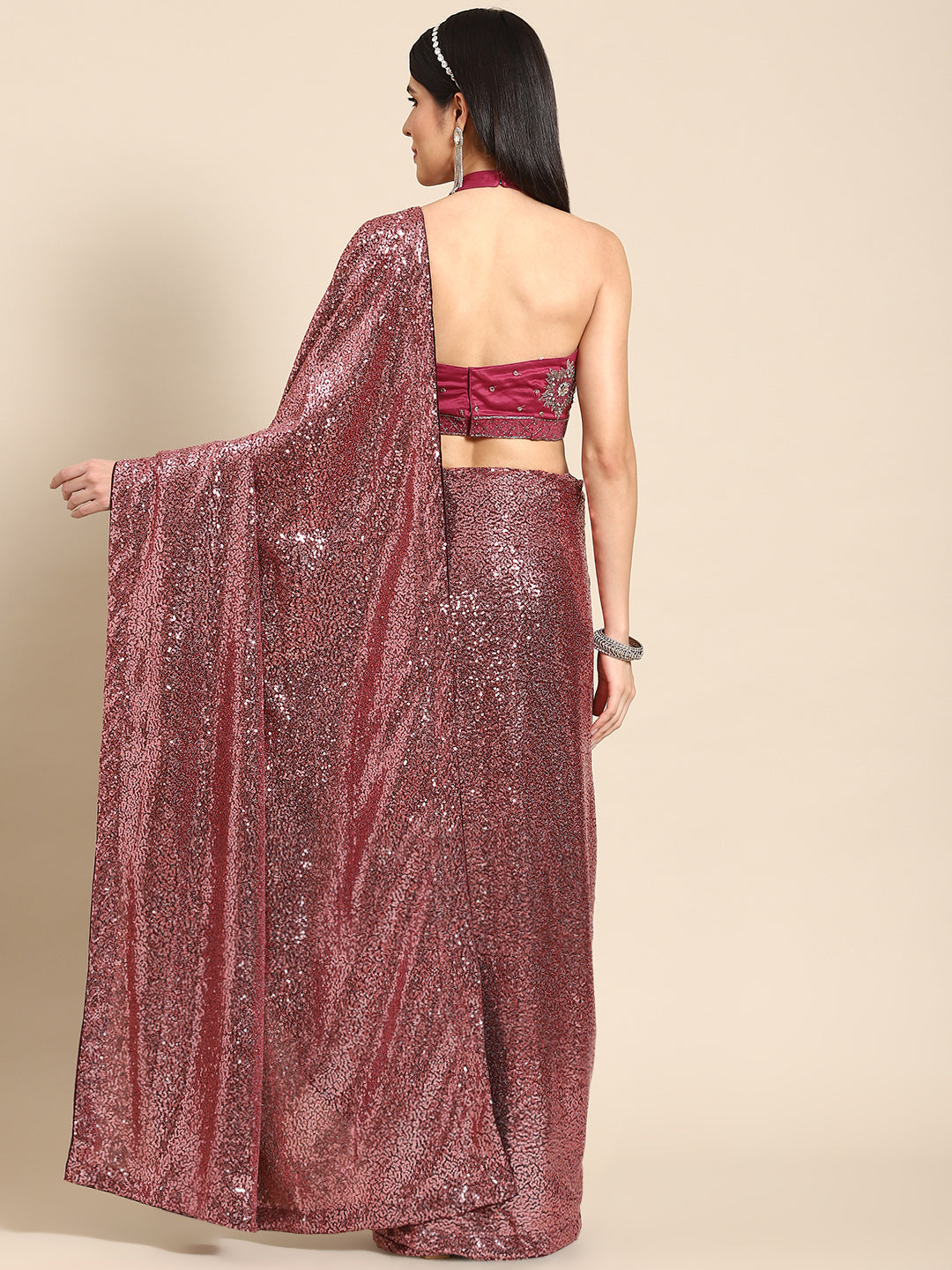 Metallic Pink Sequin Embellished Bling Lycra Cocktail Saree