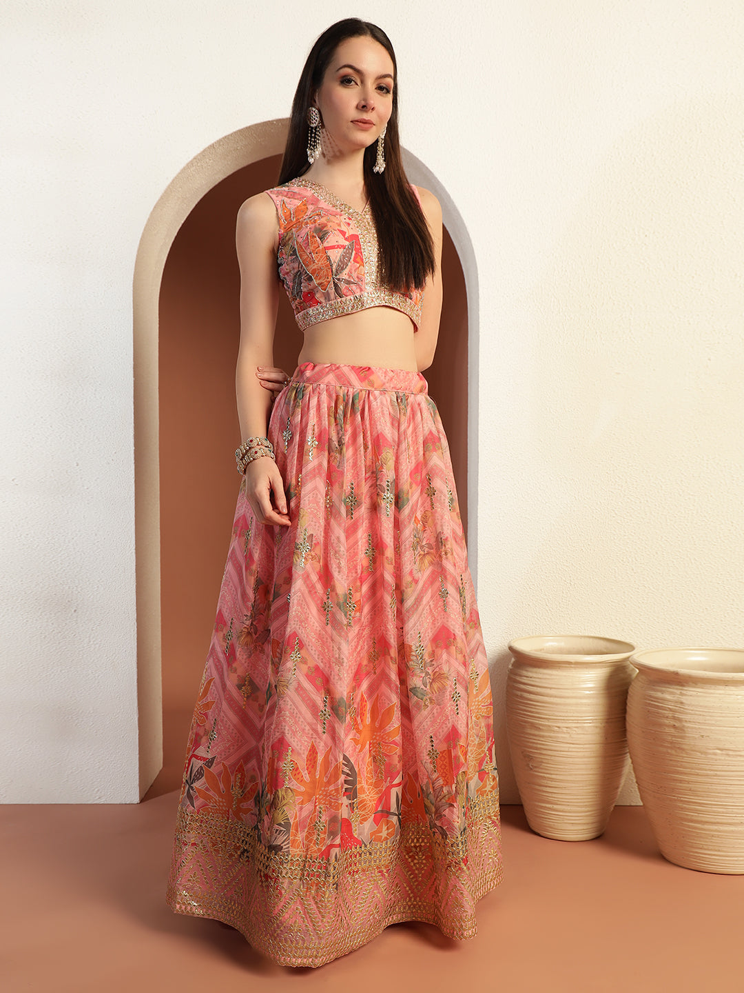 Chhabra Gota Patti Embroidered Lehenga Set with Floral Digital Print * Tasseled Sequinned Dupatta
