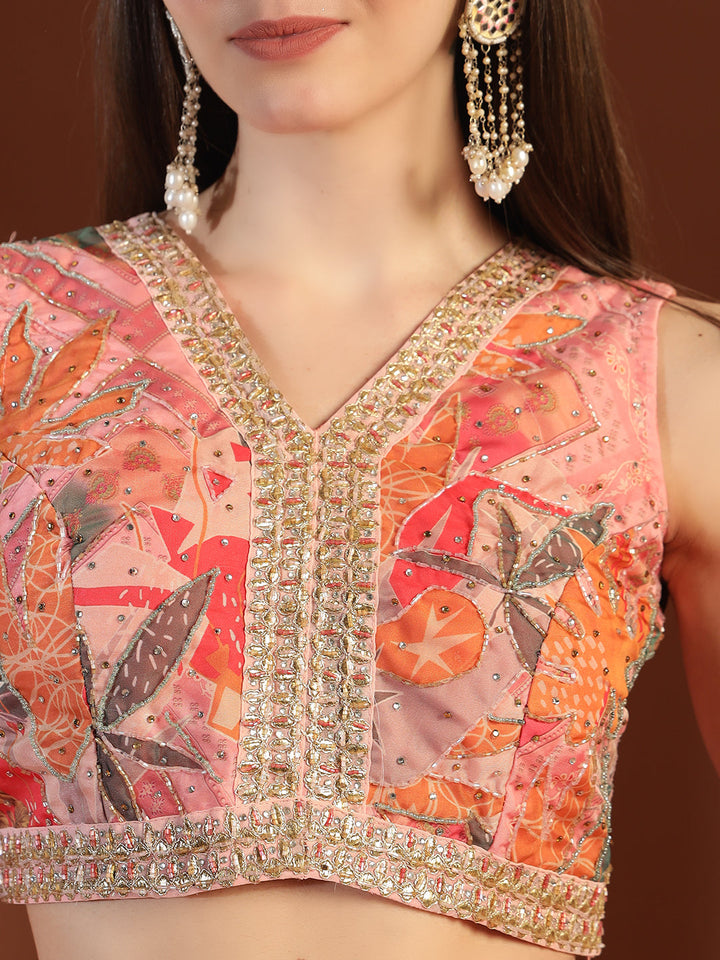 Chhabra Gota Patti Embroidered Lehenga Set with Floral Digital Print * Tasseled Sequinned Dupatta