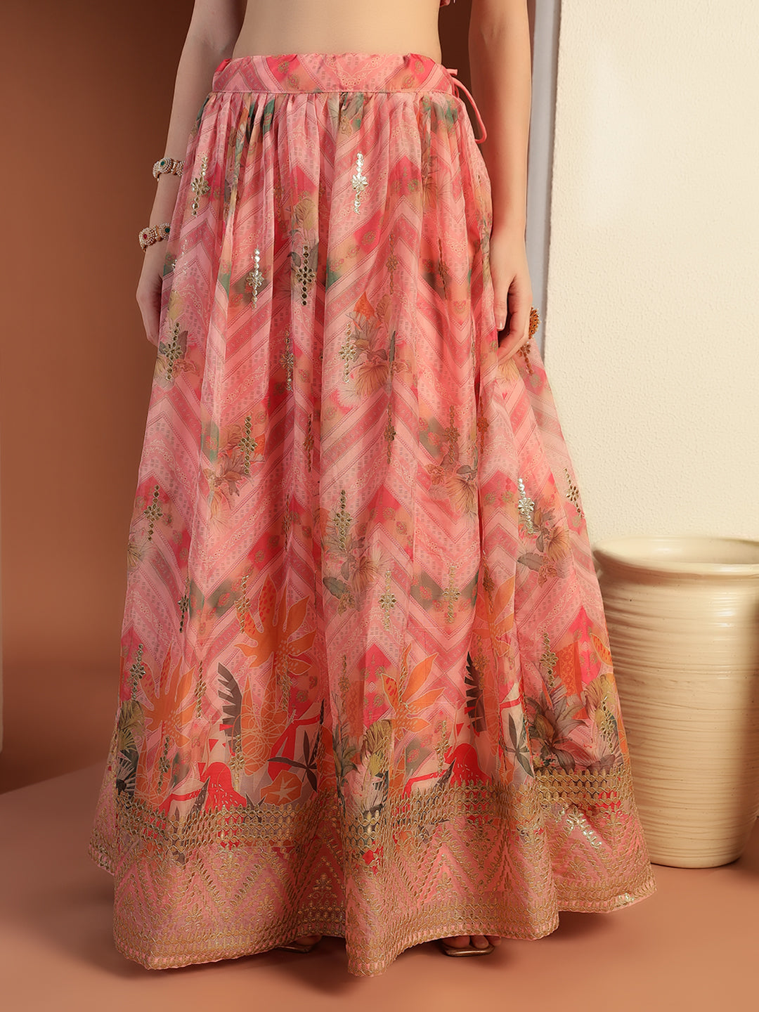Chhabra Gota Patti Embroidered Lehenga Set with Floral Digital Print * Tasseled Sequinned Dupatta