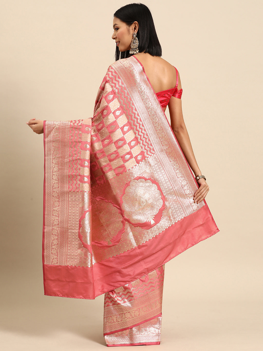 Pastel Pink Gharchola Check Gold Zari Banarasi Traditional Silk Saree
