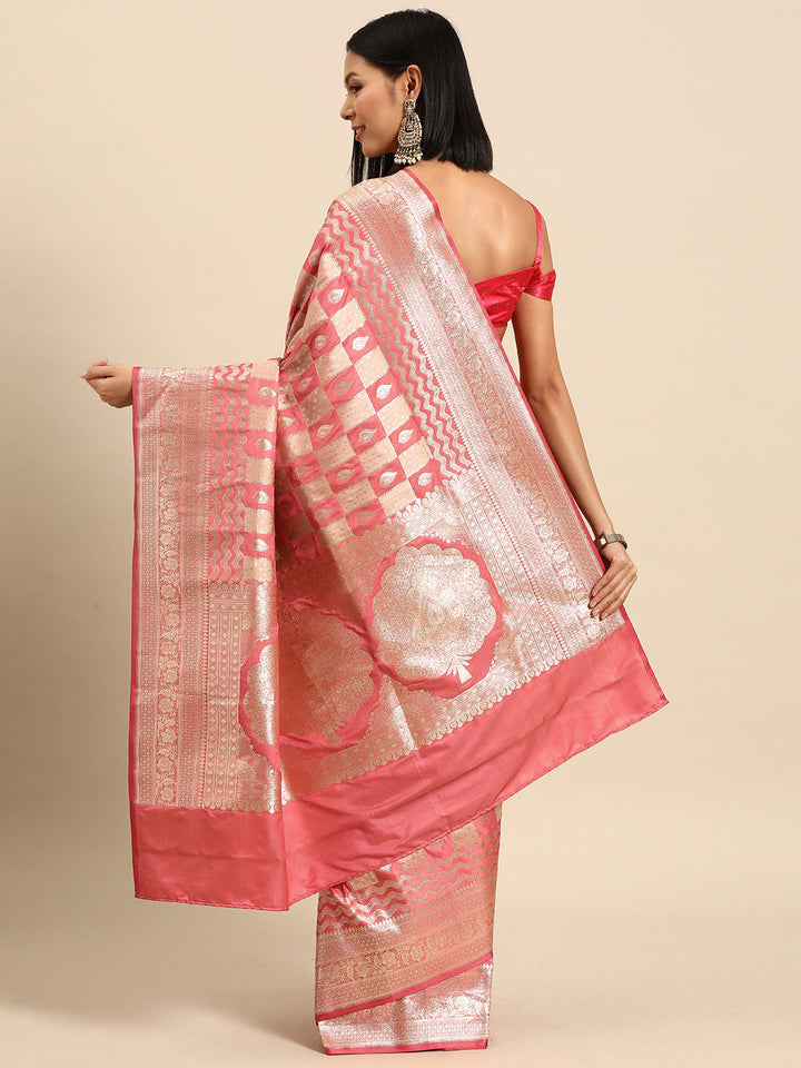 Pastel Pink Gharchola Check Gold Zari Banarasi Traditional Silk Saree