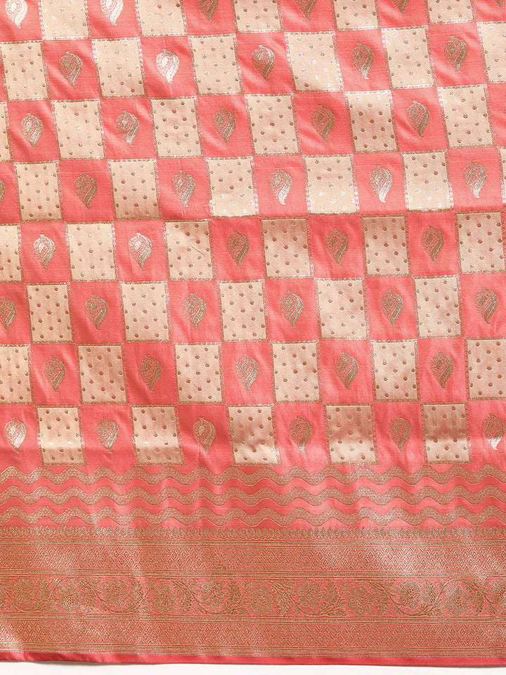 Pastel Pink Gharchola Check Gold Zari Banarasi Traditional Silk Saree