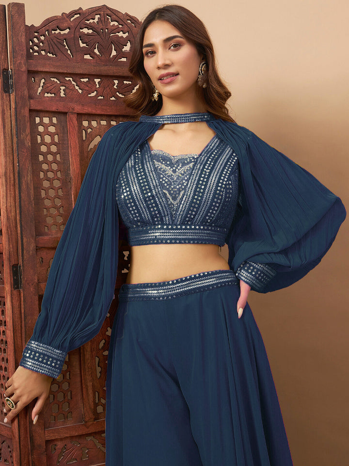 Sequin Embellished Crop-Top Palazzo Set with High neck Jasmine style Cape Sleeves