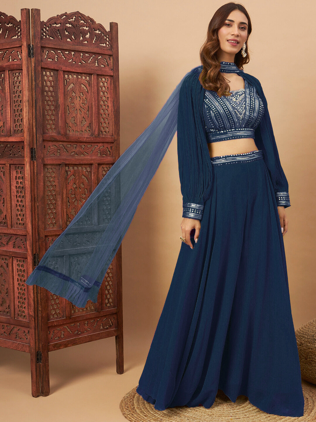 Sequin Embellished Crop-Top Palazzo Set with High neck Jasmine style Cape Sleeves