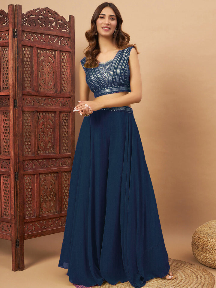 Sequin Embellished Crop-Top Palazzo Set with High neck Jasmine style Cape Sleeves