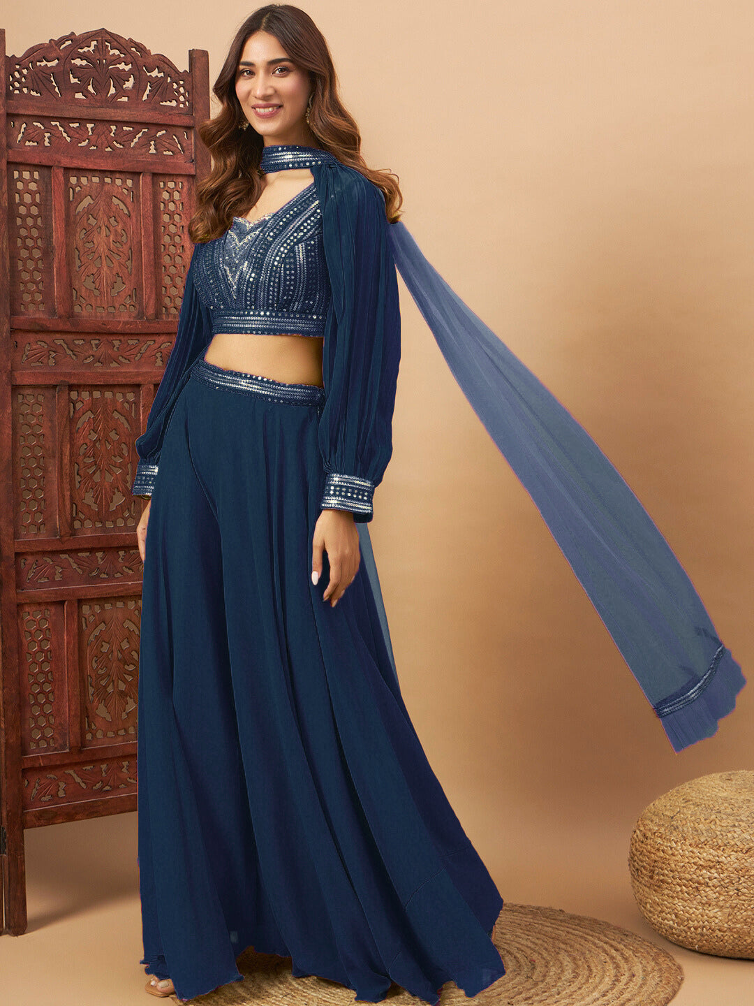 Sequin Embellished Crop-Top Palazzo Set with High neck Jasmine style Cape Sleeves