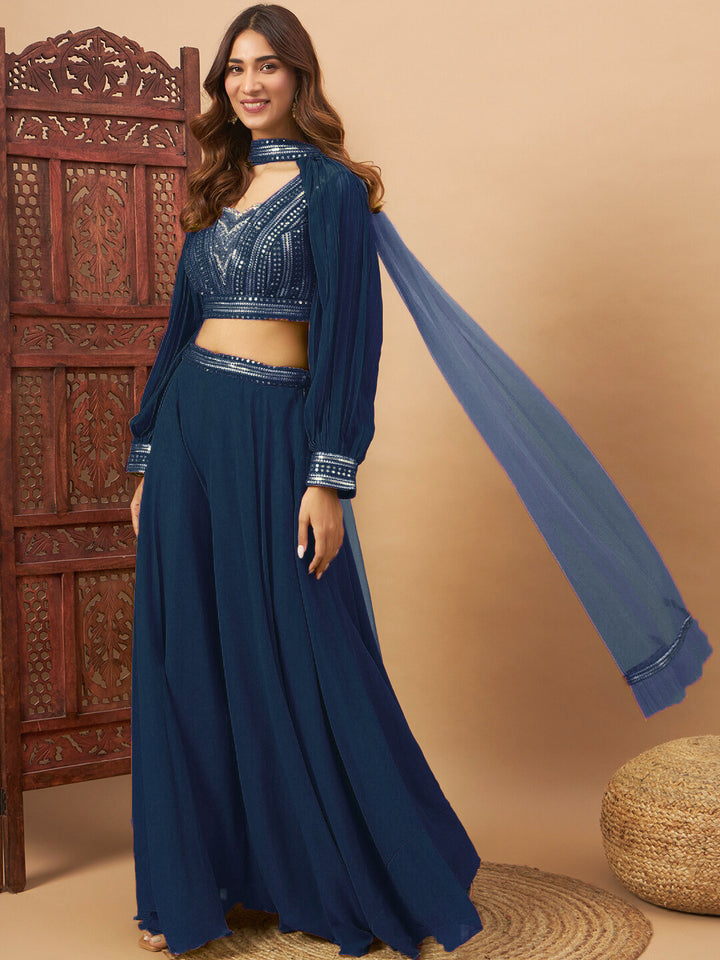 Sequin Embellished Crop-Top Palazzo Set with High neck Jasmine style Cape Sleeves