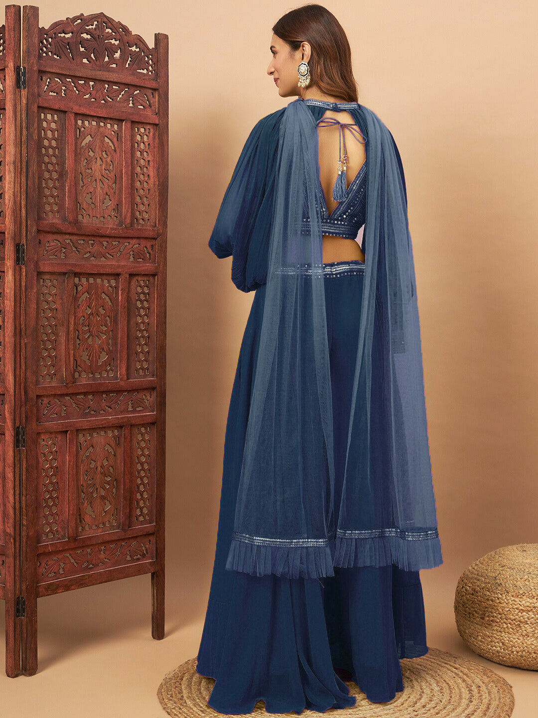 Sequin Embellished Crop-Top Palazzo Set with High neck Jasmine style Cape Sleeves