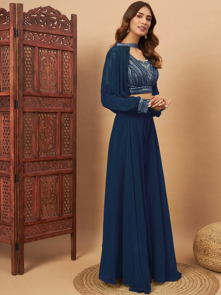 Sequin Embellished Crop-Top Palazzo Set with High neck Jasmine style Cape Sleeves
