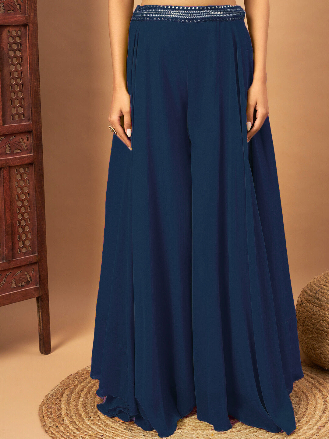 Sequin Embellished Crop-Top Palazzo Set with High neck Jasmine style Cape Sleeves