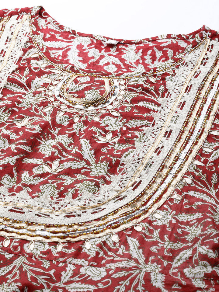 Maroon Pure Cotton Kalamkari Print Anarkali Kurta