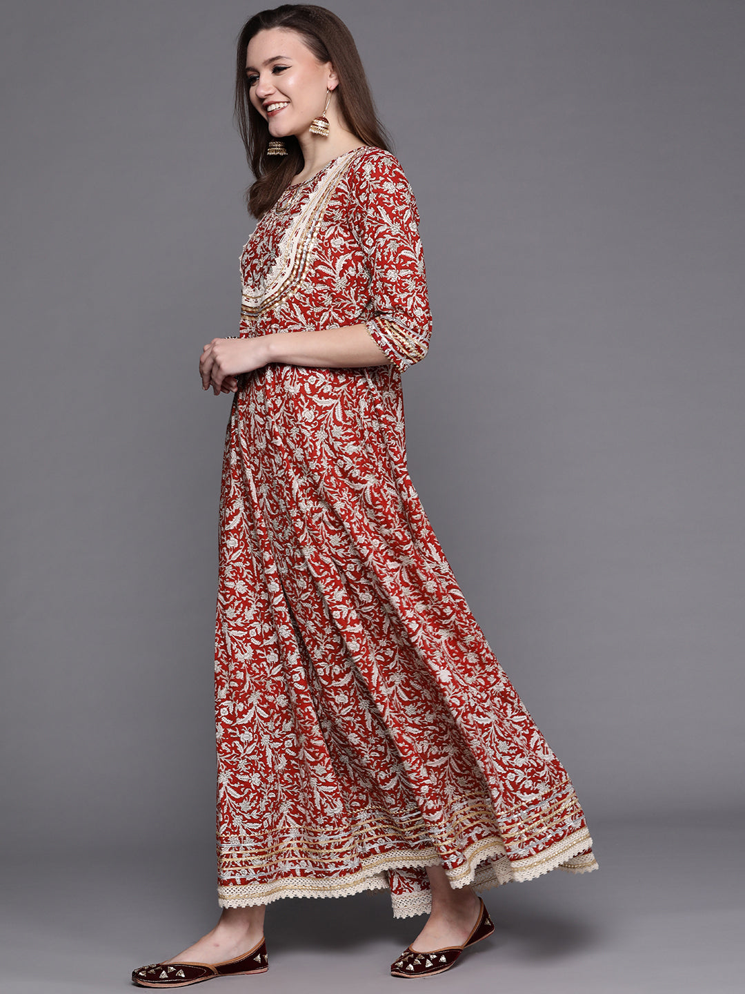 Maroon Pure Cotton Kalamkari Print Anarkali Kurta