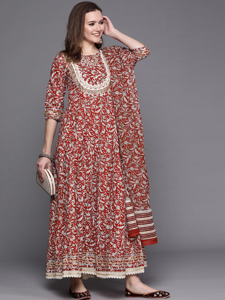 Maroon Pure Cotton Kalamkari Print Anarkali Kurta