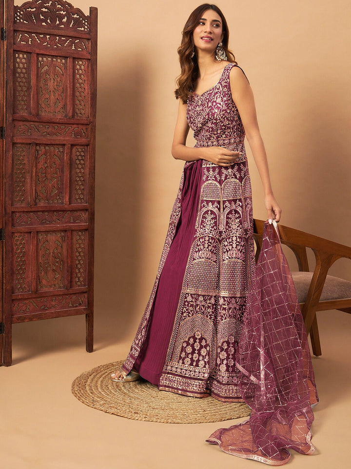 Mirror Embroidered Long Front Slit Jacket style Kurta with Accordian Pleated Skirt