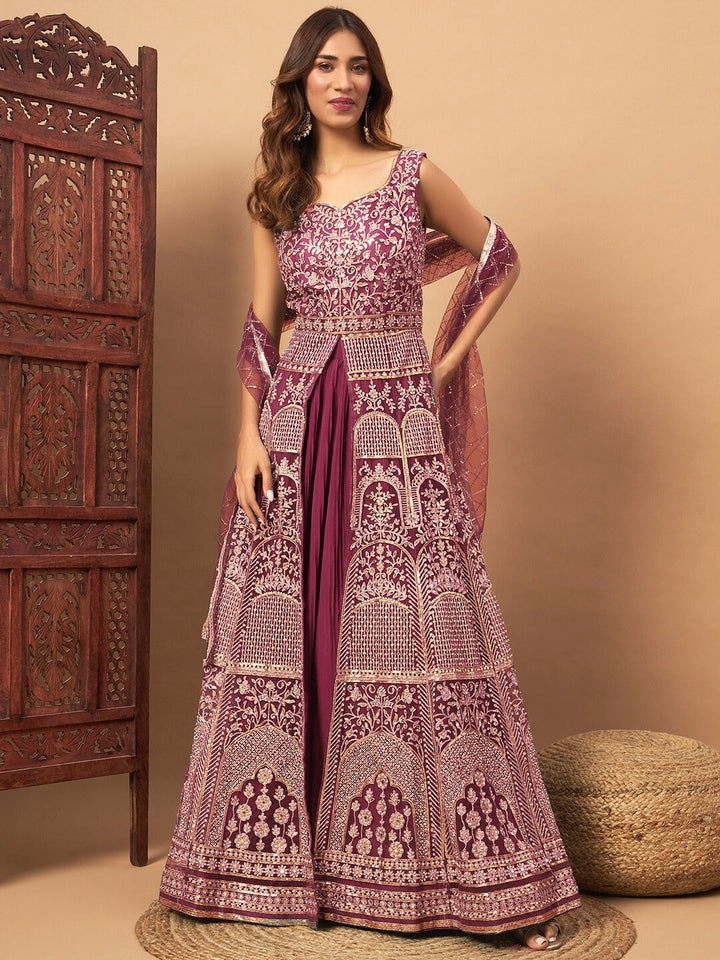 Mirror Embroidered Long Front Slit Jacket style Kurta with Accordian Pleated Skirt