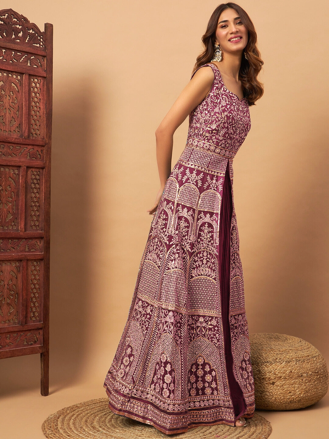 Mirror Embroidered Long Front Slit Jacket style Kurta with Accordian Pleated Skirt