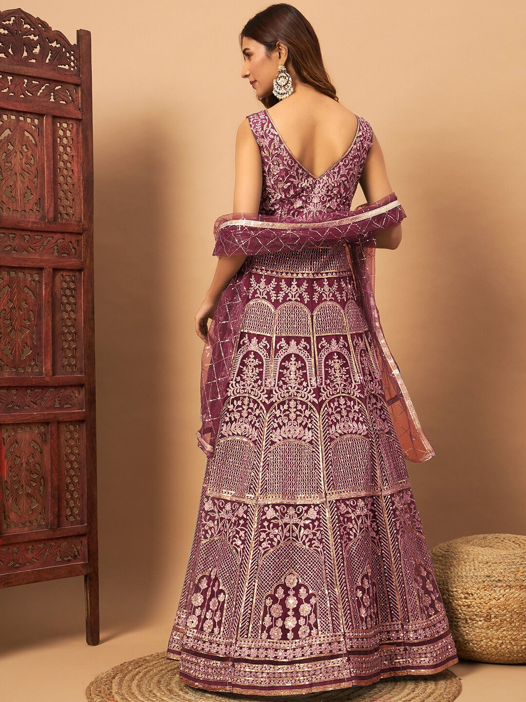 Mirror Embroidered Long Front Slit Jacket style Kurta with Accordian Pleated Skirt