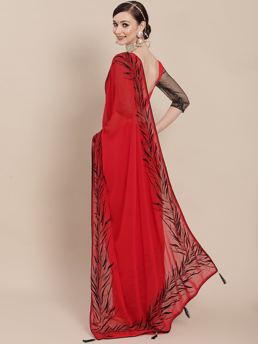 Red Georgette Saree with contrast Resham Embroidery & Embellishments