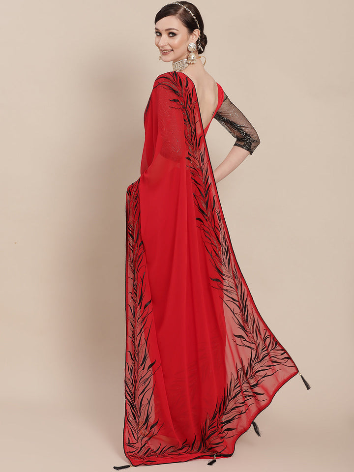 Red Georgette Saree with contrast Resham Embroidery & Embellishments